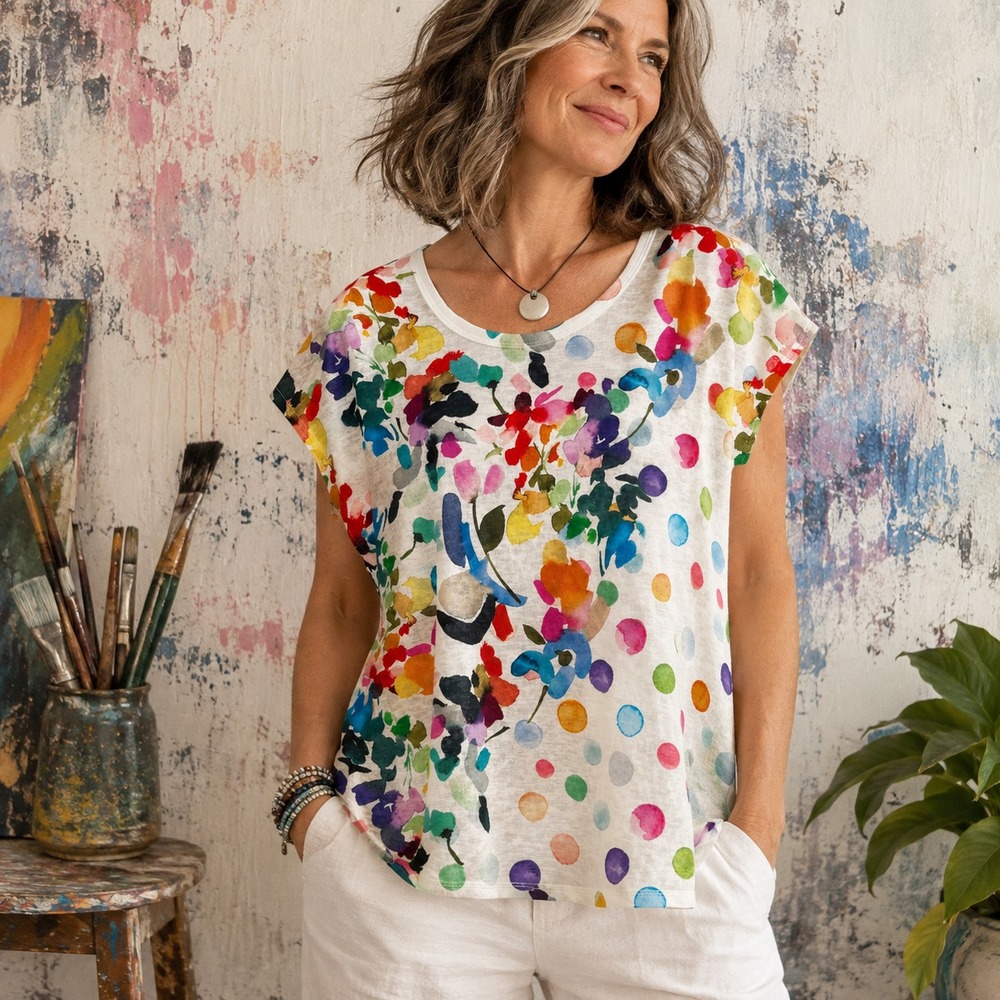 Et Lois Womens Floral Polka Dot Top Sz M Artsy Colorful Rainbow Watercolor Boho